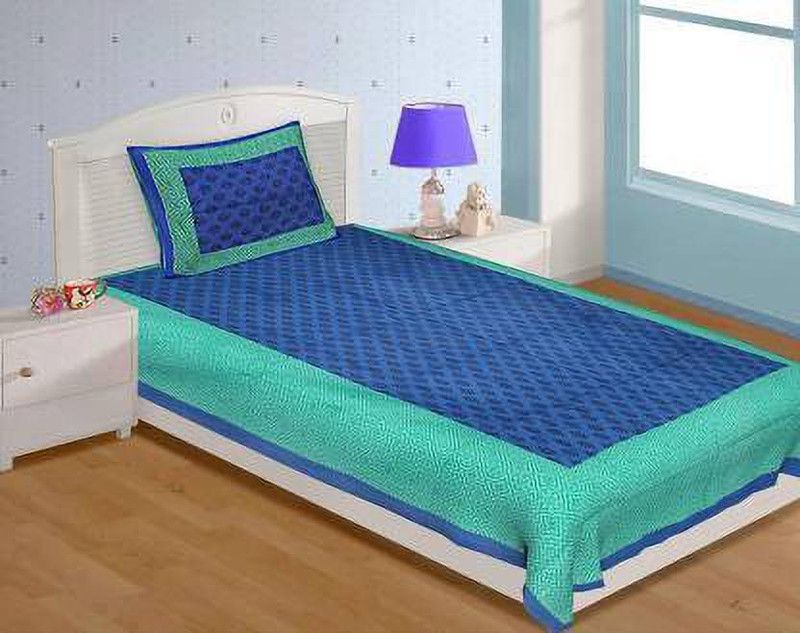Lomoniya 144 TC Cotton Single Printed Flat Bedsheet  (Pack of 1, Blue, Green)