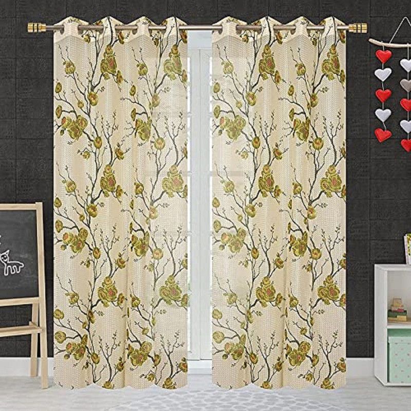 BeautifulGhar Creations 212 cm (7 ft) Tissue Semi Transparent Door Curtain (Pack Of 2)  (Floral, Green)