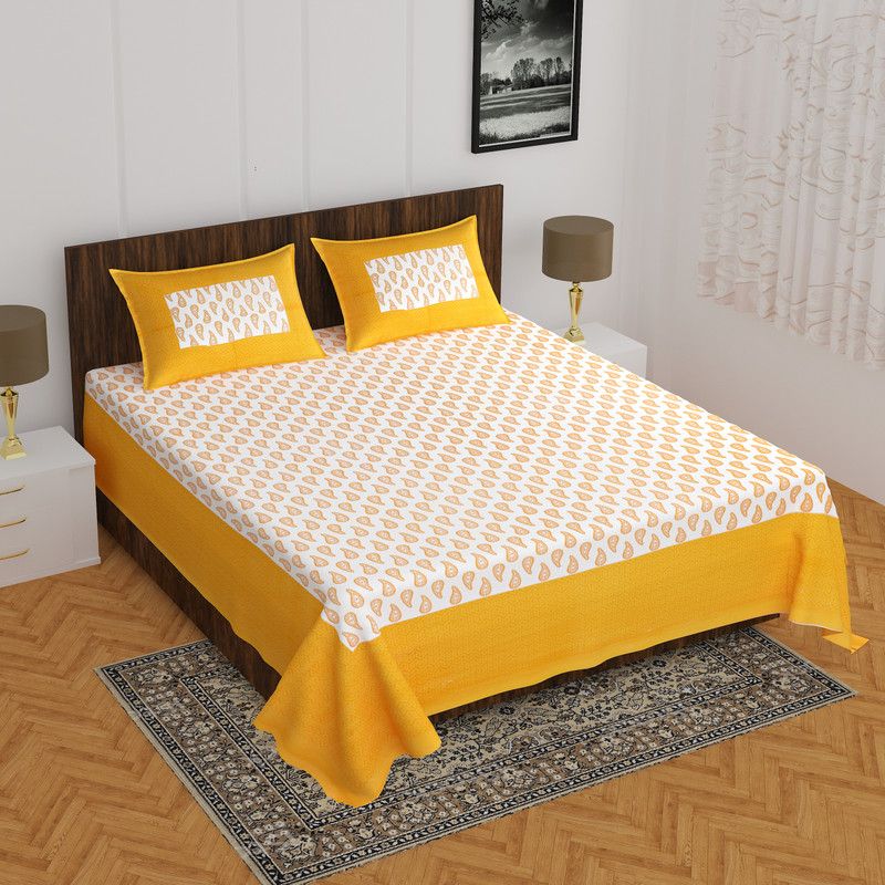 E ELMA 144 TC Cotton Double Paisley Flat Bedsheet  (Pack of 1, Yellow, white)