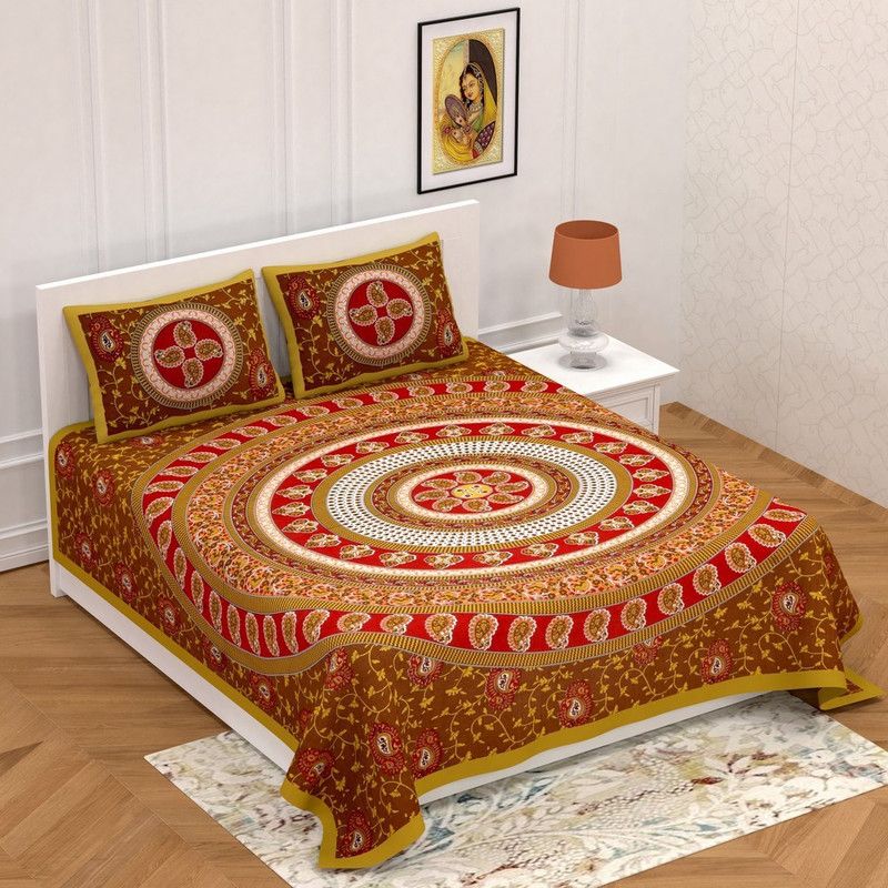 Home India 110 TC Cotton Double Jaipuri Prints Flat Bedsheet  (Pack of 1, Green)
