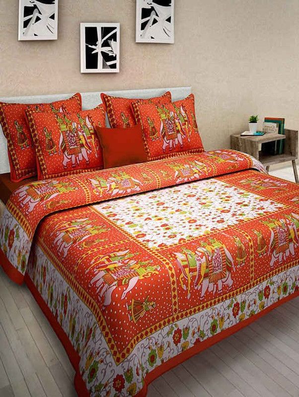 VIHANA LIFESTYL 180 TC Cotton Double Jaipuri Prints Flat Bedsheet  (Pack of 1, Orange)