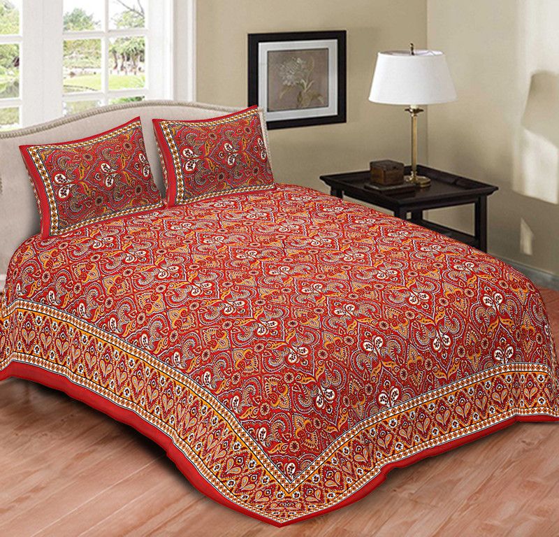 SkyKross 210 TC Cotton King Printed Flat Bedsheet  (Pack of 1, Red)