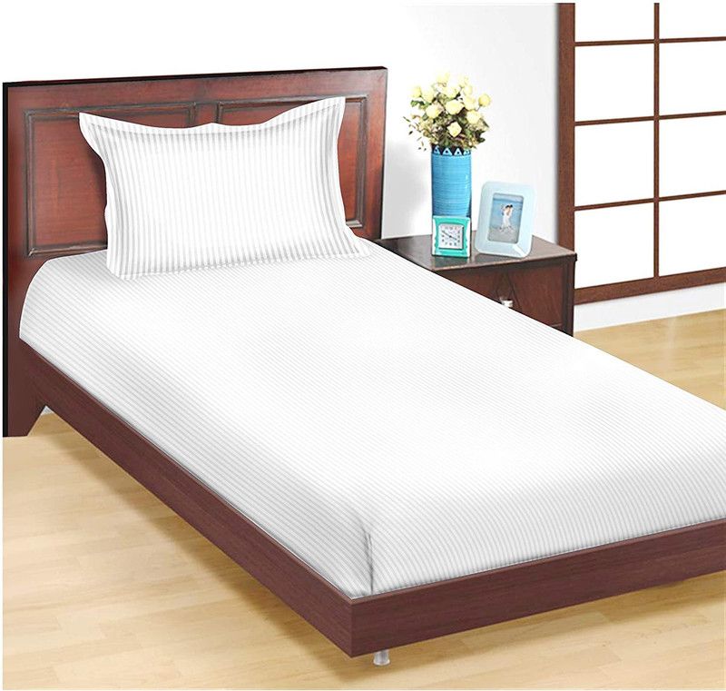 HERMOSA 250 TC Cotton Single Striped Flat Bedsheet  (Pack of 1, Glace Cotton tripes Plain Bedsheet Single Bed with 1 Pillow Covers for Home/Hotels/Guest House/ -White)