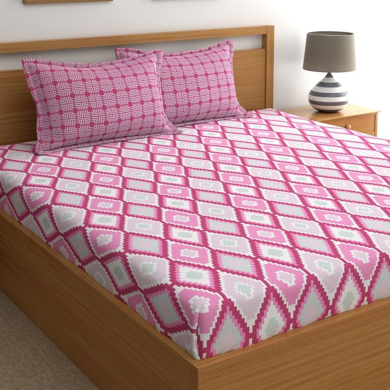 Home Ecstasy 140 TC Cotton King Geometric Flat Bedsheet  (Pack of 1, Light Pink)