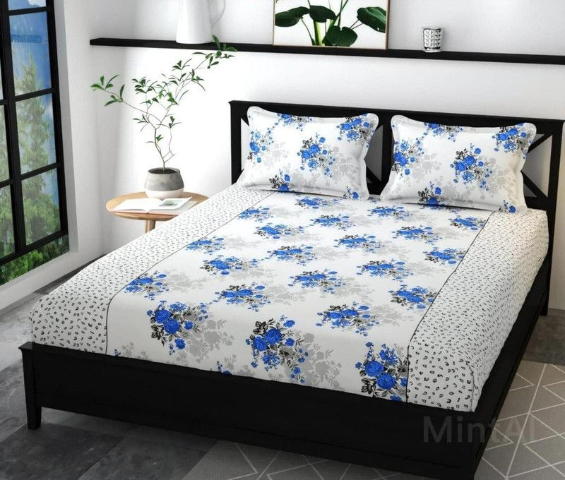 Cotton Double Bedsheet  (Pack of 1, White Blue)