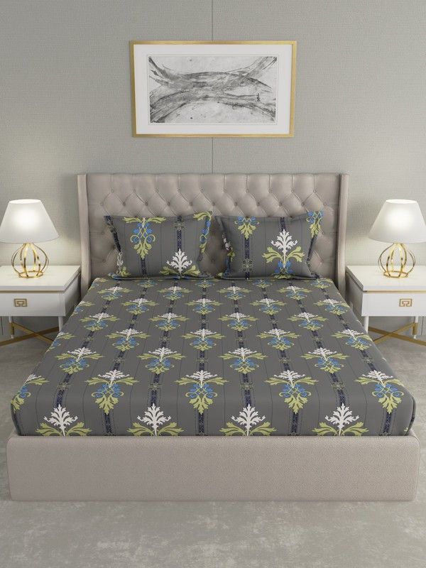 Raymond Home 104 TC Cotton Double Motifs Flat Bedsheet  (Pack of 1, Grey)