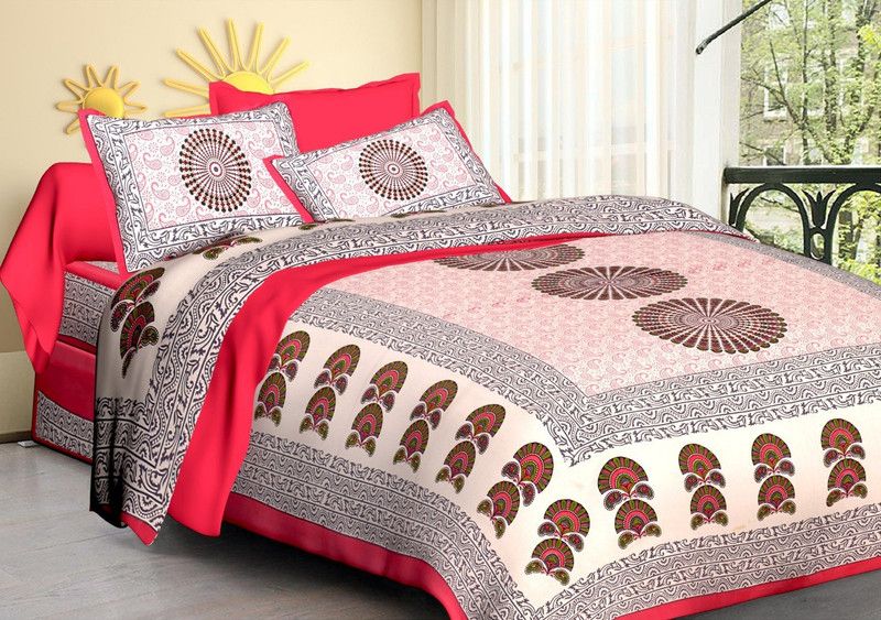 PVB 144 TC Cotton Double Floral Flat Bedsheet  (Pack of 1, Red)