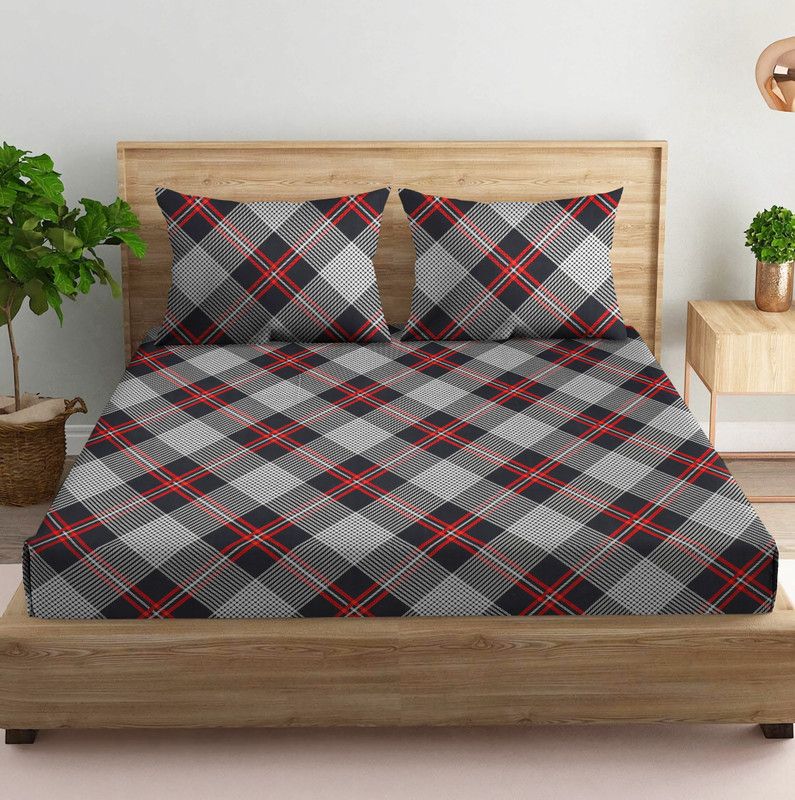 BSB HOME 220 TC Cotton King Printed Flat Bedsheet  (Pack of 1, Grey, Black, Red)