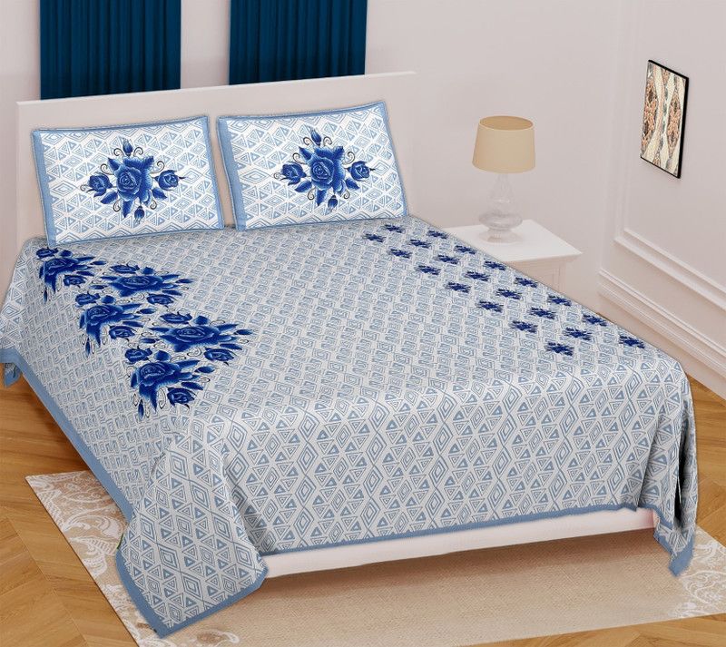 Fashion Cottage 200 TC Cotton Double, King 3D Printed Flat Bedsheet  (Pack of 1, Blue)