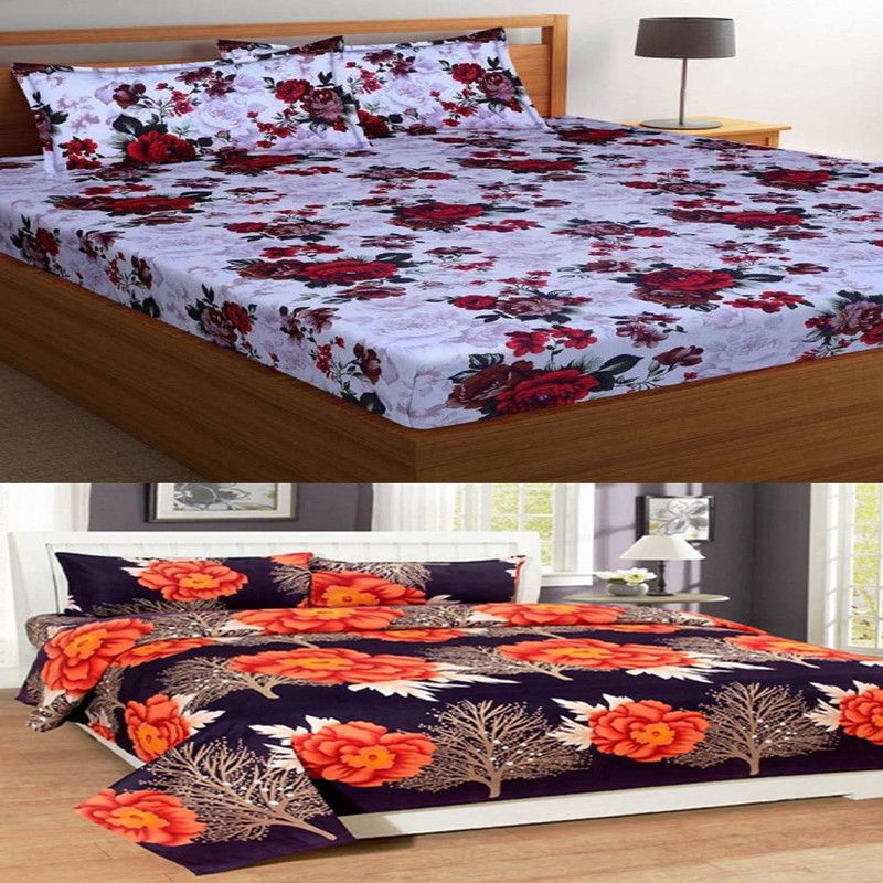 Home Feelings 145 TC Microfiber Double 3D Printed Flat Bedsheet  (Pack of 2, Multicolor)