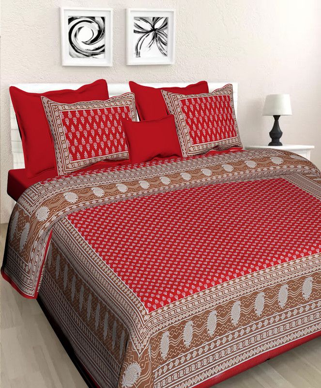 E-Wish Box 144 TC Cotton Double Jaipuri Prints Flat Bedsheet  (Pack of 1, Blue)