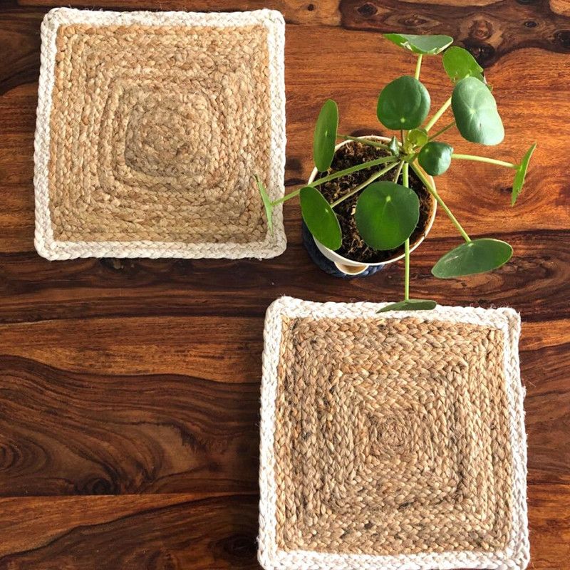 Jasmey Square Pack of 2 Table Placemat  (White, Jute)