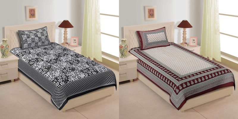 JaypurTextile 140 TC Cotton Single Printed Flat Bedsheet  (Pack of 2, Multicolor)