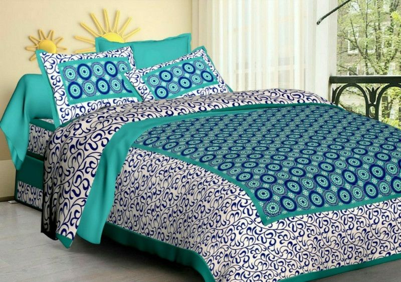 GO WITH TRENDZ 228 TC Cotton Double Jaipuri Prints Flat Bedsheet  (Pack of 1, Sea Green)