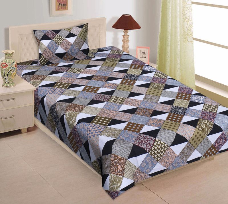E-Wish Box 144 TC Cotton Single Jaipuri Prints Flat Bedsheet  (Pack of 1, Black)