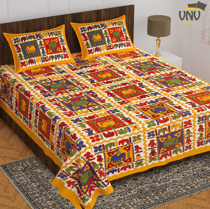 VNV Creation 160 TC Cotton Double Printed Flat Bedsheet  (Pack of 1, Yellow)