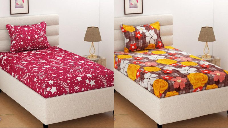 HSR Collection 144 TC Cotton Single Printed Flat Bedsheet  (Pack of 2, Multicolor)