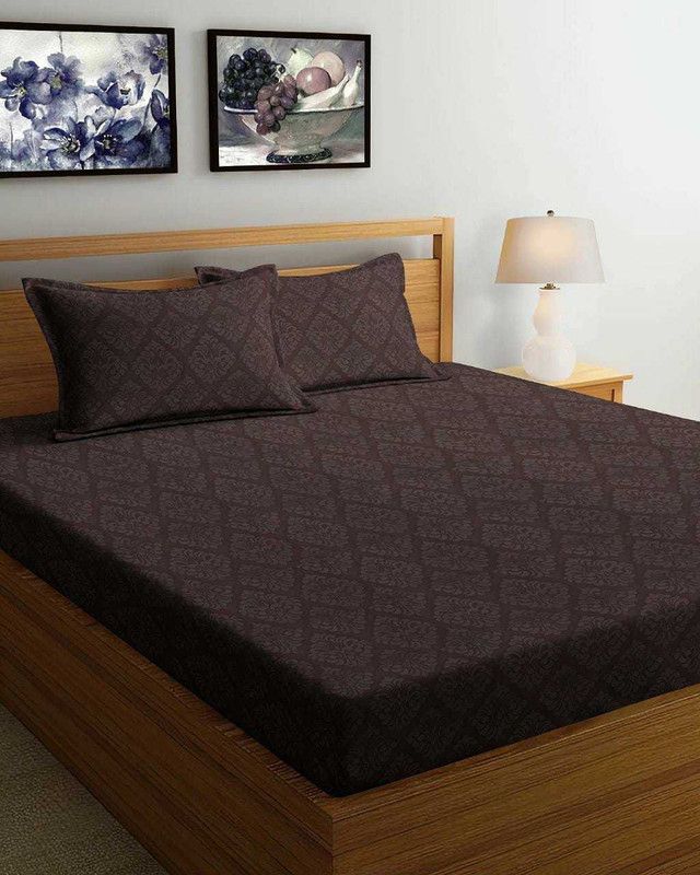 OICHY 144 TC Microfiber Double Printed Fitted (Elastic) Bedsheet  (Pack of 1, Brown)