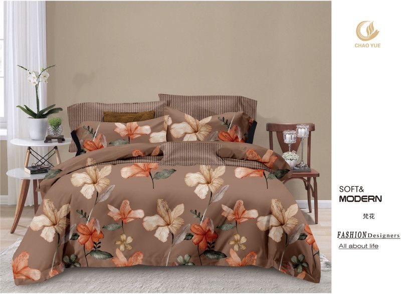 Neev INC 300 TC Polycotton Queen Floral Flat Bedsheet  (Pack of 3, Light Brown)