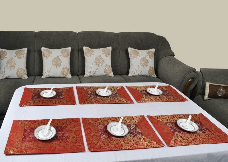 Lal Haveli Rectangular Pack of 6 Table Placemat  (Red, Silk)