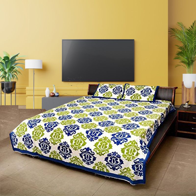 Sanganer HandBlock 240 TC Cotton Double Printed Flat Bedsheet  (Pack of 1, Green, Blue, White)
