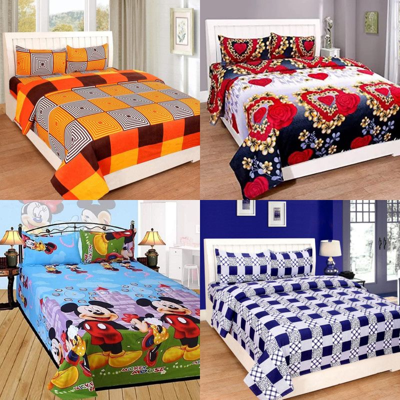 VORDVIGO 160 TC Polycotton Double 3D Printed Flat Bedsheet  (Pack of 4, Multicolor)