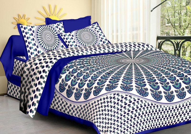 Diksha 180 TC Cotton Double Jaipuri Prints Flat Bedsheet  (Pack of 1, Blue)
