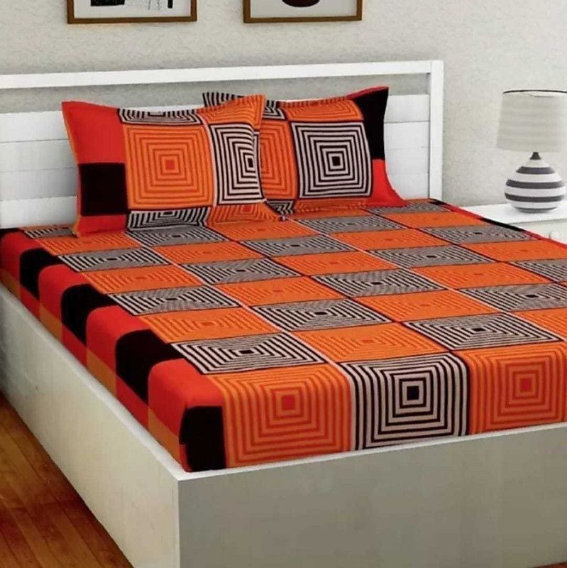 omikadecors 144 TC Microfiber Double Checkered Flat Bedsheet  (Pack of 1, Orange, Black)