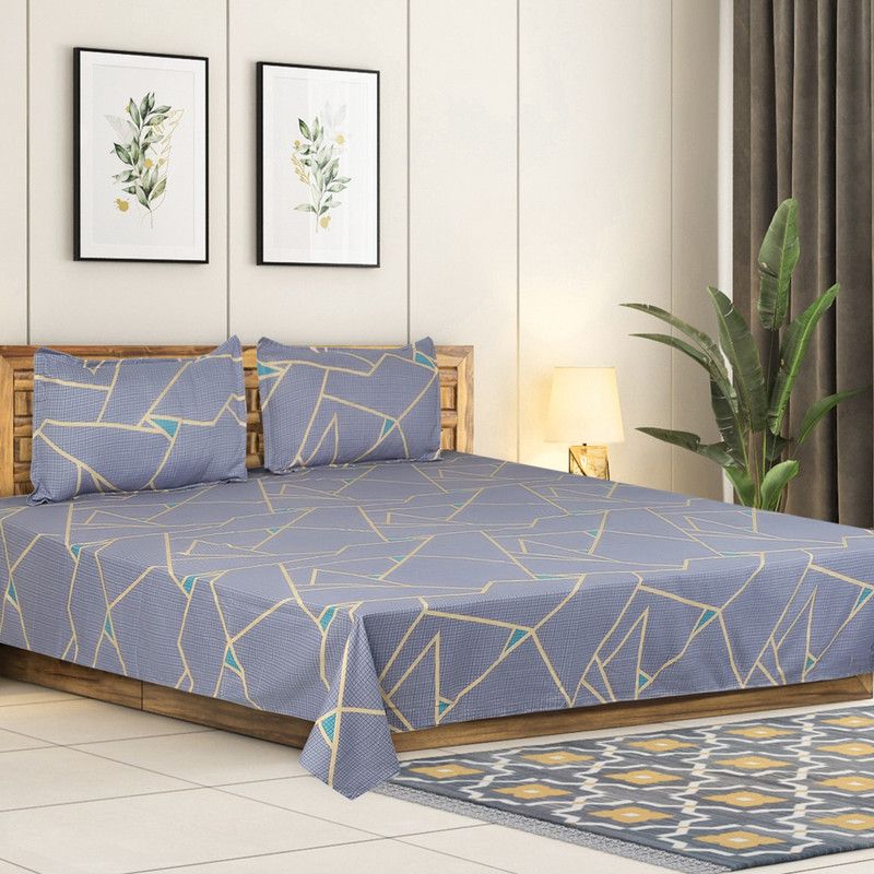 Snorishing 300 TC Cotton King Printed Flat Bedsheet  (Pack of 1, Blue, Beige)