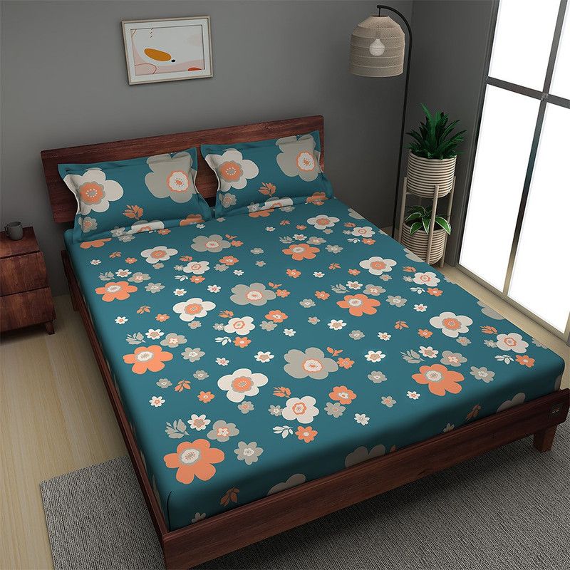 Sleepyhead 180 TC Cotton King Printed Flat Bedsheet  (Pack of 1, Bloom Dark Teal)
