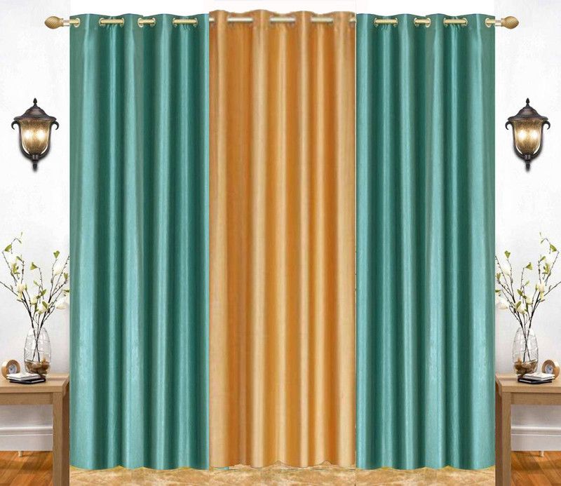 India Furnish 153 cm (5 ft) Polyester Semi Transparent Window Curtain (Pack Of 3)  (Plain, Aqua & Gold)