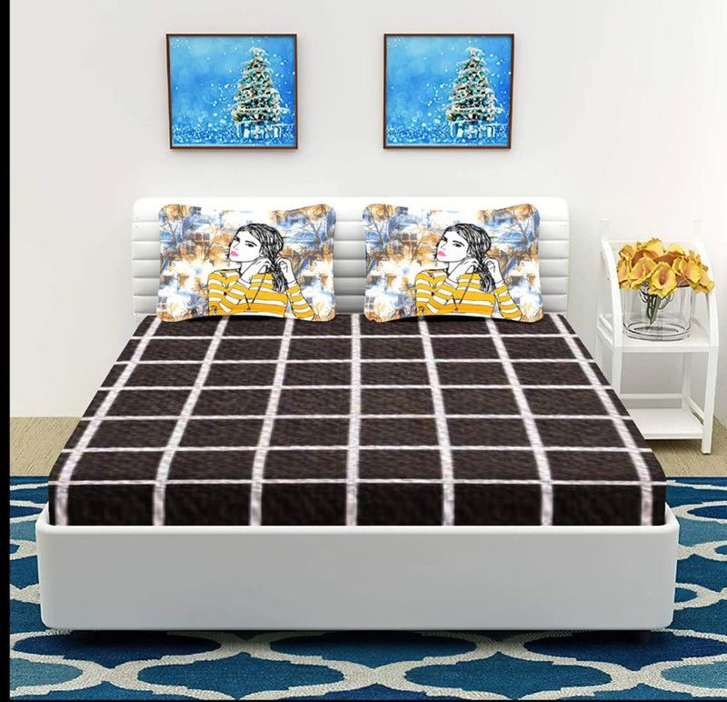 FLOURISHING HOMES 300 TC Cotton Double Checkered Flat Bedsheet  (Pack of 1, Brown)