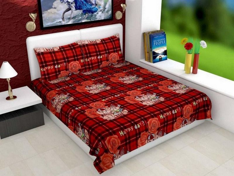 Fashion Zone 160 TC Polycotton Double Checkered Flat Bedsheet  (Pack of 1, mahroon)
