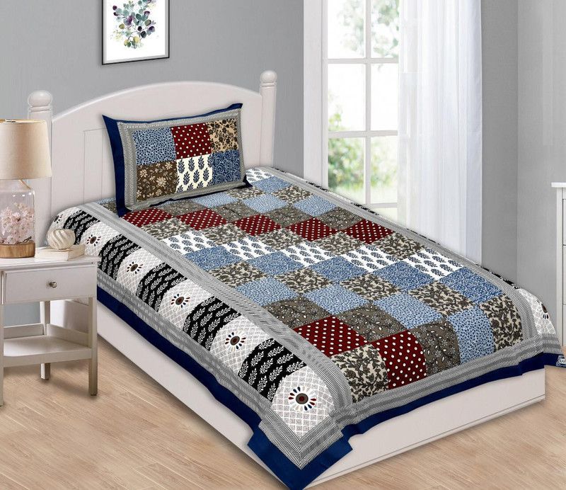ANIKA CREATION 104 TC Cotton Single Self Design Flat Bedsheet  (Pack of 1, Multicolor, Blue)