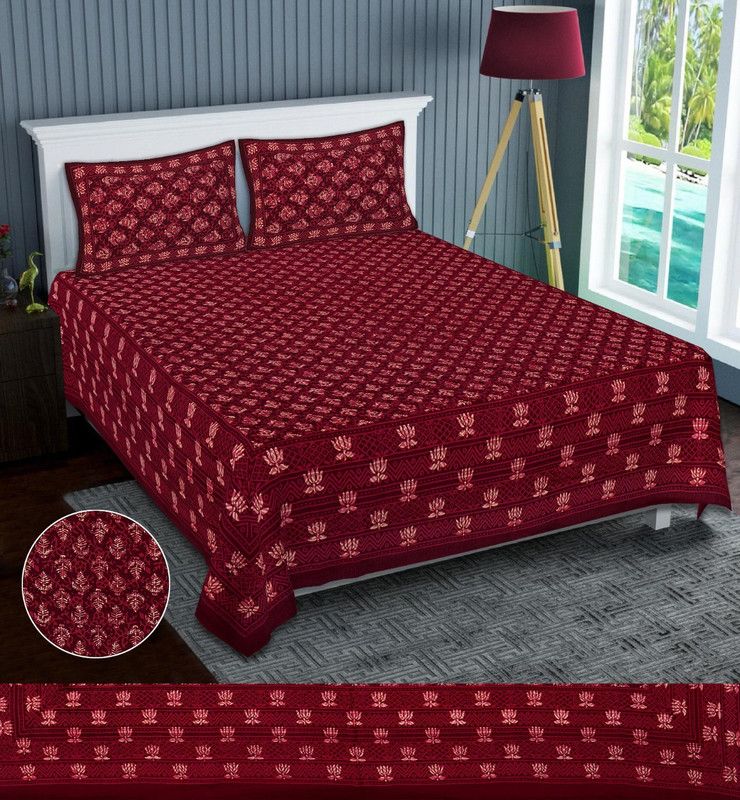 Quilt n Razai 180 TC Cotton King Printed Flat Bedsheet  (Pack of 1, Red)