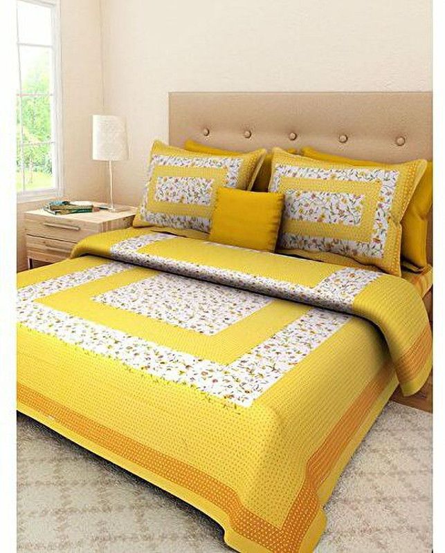 Welldeal 120 TC Cotton Double Printed Flat Bedsheet  (Pack of 1, Yellow)