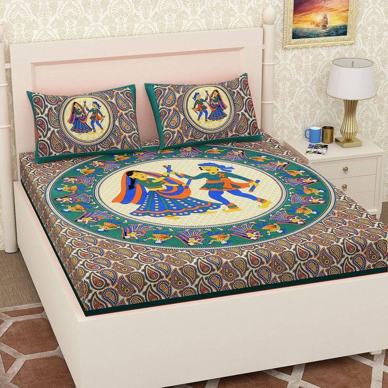 Papa ki Dukaan 140 TC Cotton Double Printed Flat Bedsheet  (Pack of 1, Green)