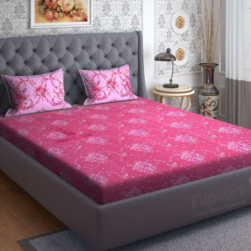 Bombay Dyeing 144 TC Cotton Double Floral Flat Bedsheet  (Pack of 1, Pink)