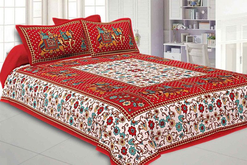 Fashion Cottage 150 TC Cotton Double Printed Flat Bedsheet  (Pack of 1, Red, White)