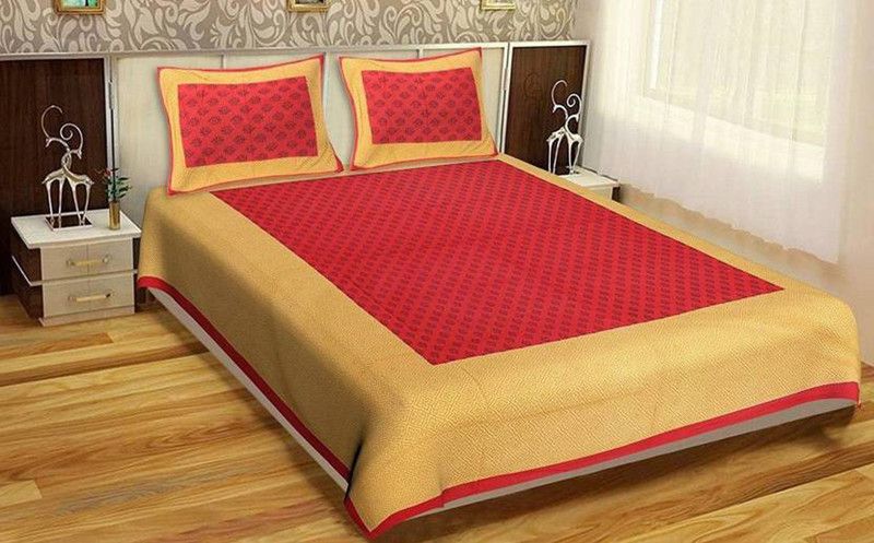 BEDAFFAIR 144 TC Cotton Double 3D Printed Flat Bedsheet  (Pack of 1, Red, Gold)