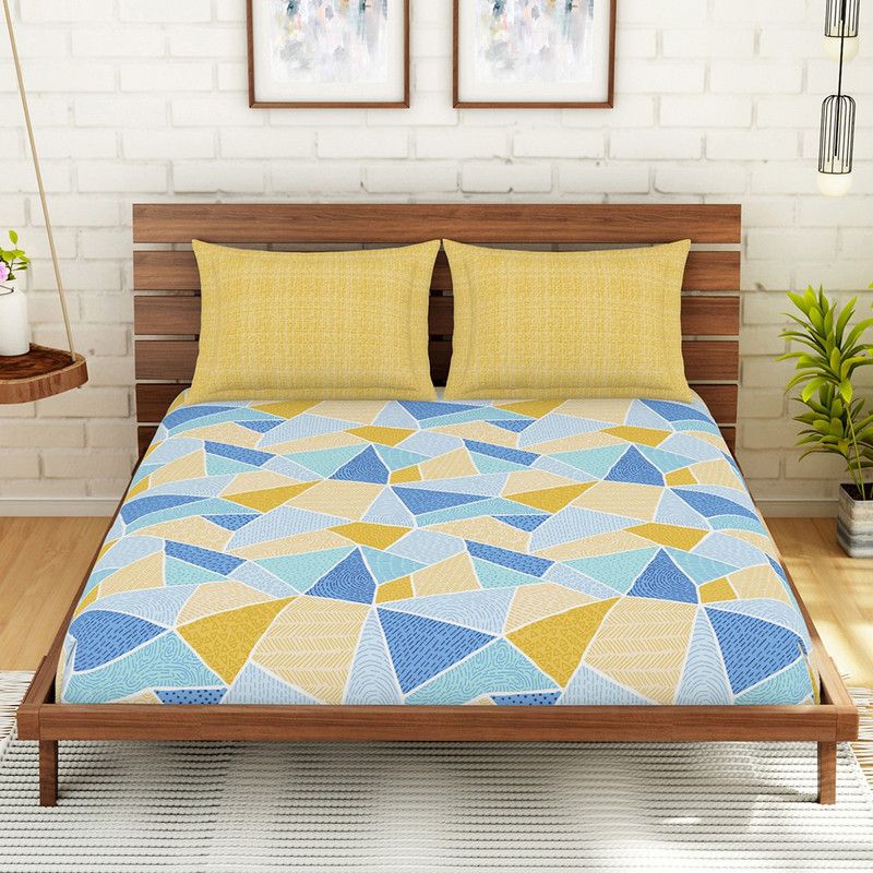 SPACES 144 TC Cotton Double Geometric Flat Bedsheet  (Pack of 1, LEMON)