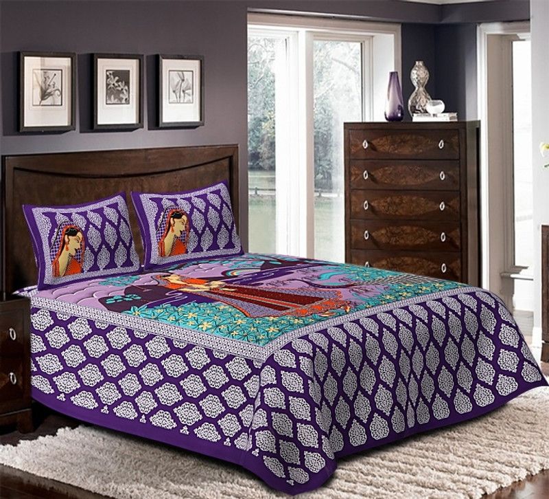 Prettytrends 350 TC Cotton King Printed Flat Bedsheet  (Pack of 1, Blue)