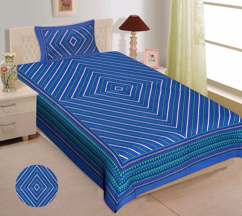 E ELMA 140 TC Cotton Single Jaipuri Prints Flat Bedsheet  (Pack of 1, Blue)