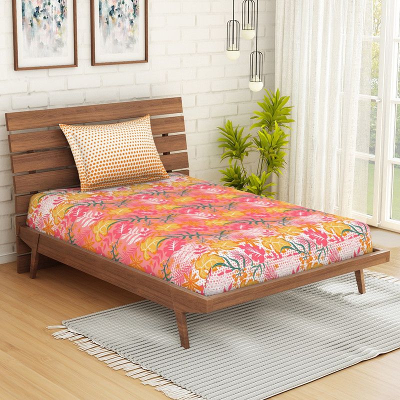 SPACES 144 TC Cotton Single Printed Flat Bedsheet  (Pack of 1, Peach)