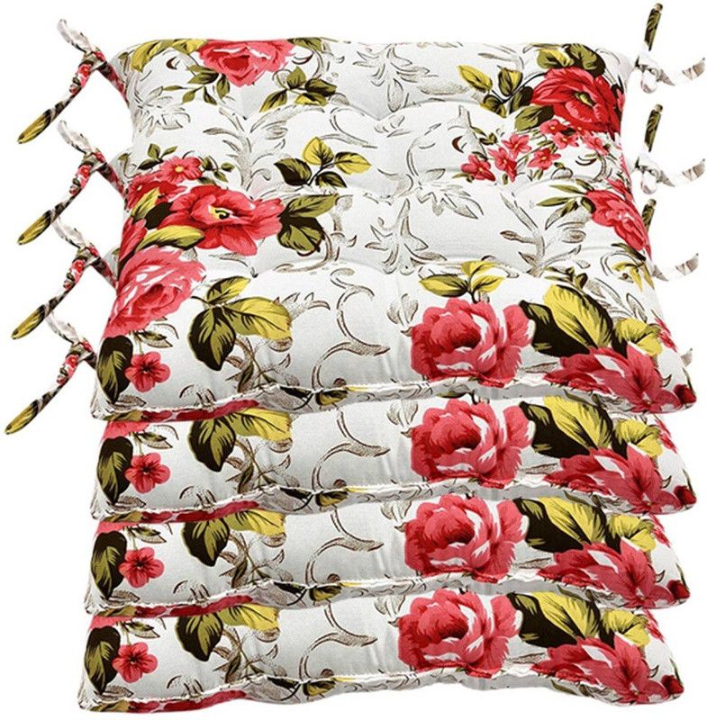 SAN & MAAHI Microfibre Floral Chair Pad Pack of 4  (White)
