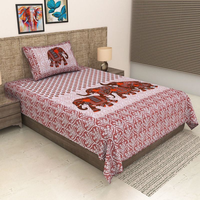 METRO LIVING 104 TC Cotton Single Printed Flat Bedsheet  (Pack of 1, Pink, White)