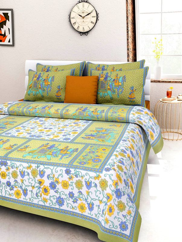 144 TC Cotton Double Printed Bedsheet  (Pack of 1, Green)