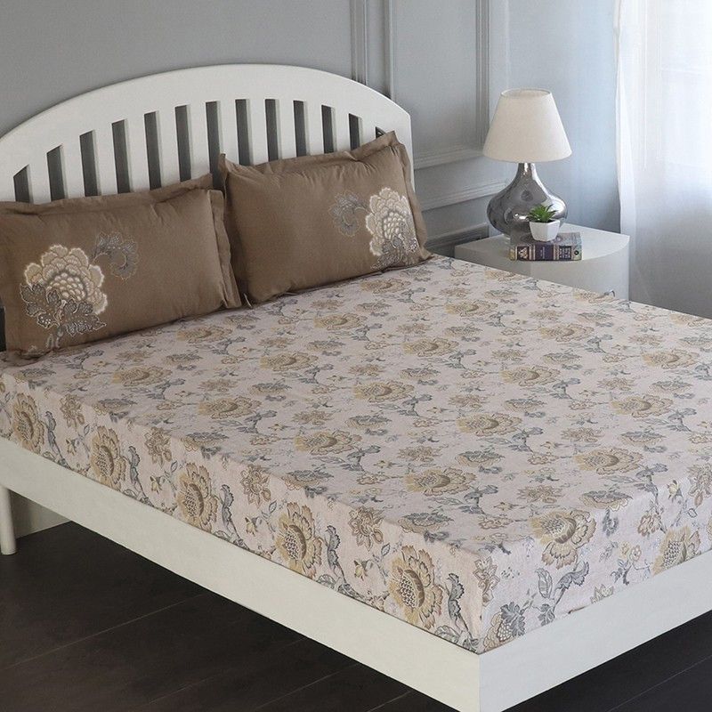 GMF 180 TC Cotton King Floral Flat Bedsheet  (Pack of 1, White, Brown & Multi)