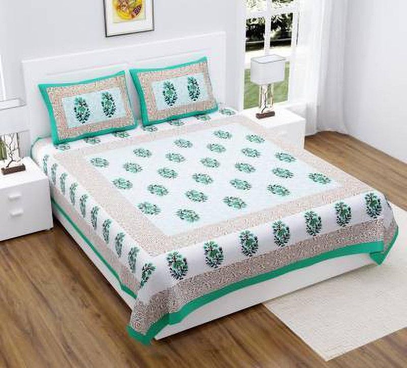 Homeline 104 TC Cotton Double Printed Flat Bedsheet  (Pack of 1, Turquoise)