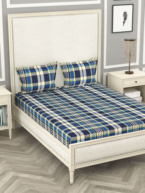 Bianca 110 TC Cotton Double Checkered Flat Bedsheet  (Pack of 1, ROYAL BLUE)